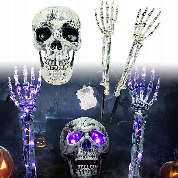Halloween Dekorace Ruce Kostlivce 2 Ruce A Lebka Fialová Světla