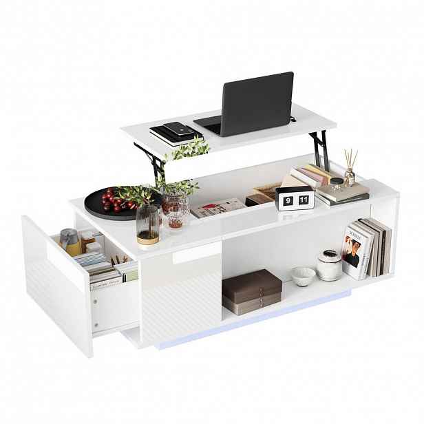 Modfu KONFERENČNÍ stolek z dřevotřísky 100x50x40 cm bílý s hydraulicky výškově nastavitelnou deskou, LED a úložným prostorem