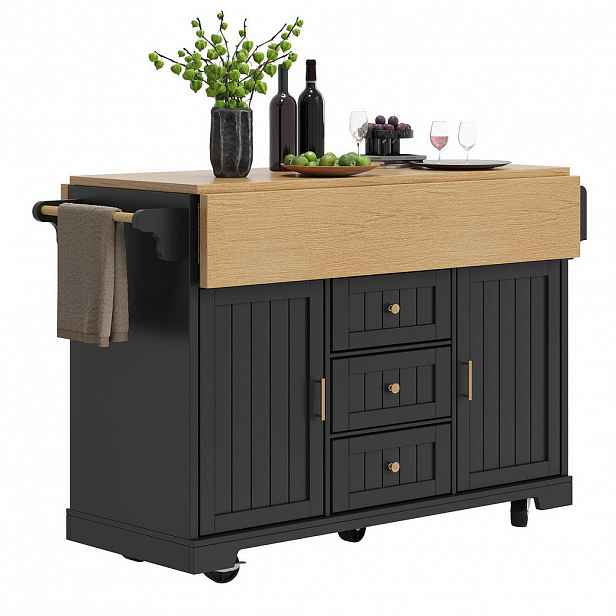 Modfu KUCHYŇSKÝ ostrůvek z MDF a kovu 120x40x95 cm černý na kolečkách, oboustranně sklopný se 3 zásuvkami a 2 dvířky