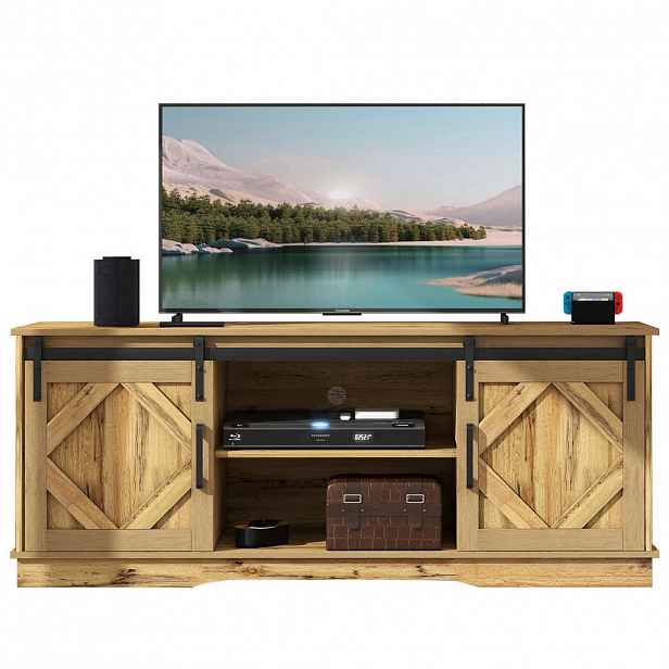 Modfu TV stolek z dřevotřísky 150x40x60 cm hnědý se 2 posuvnými dveřmi, nastavitelnými policemi a kabelovými otvory