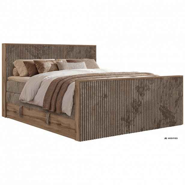 MKS POSTEL BOXSPRING WOOD KING DUO 160/200 - Hnědá Manšestr - Topper Visco - H3