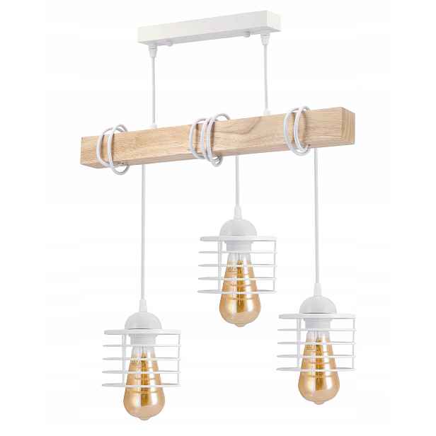 Závěsné Stropní Svítidlo Led Bílá Dřevěná 3x E27 Lustr Pružina Bílá