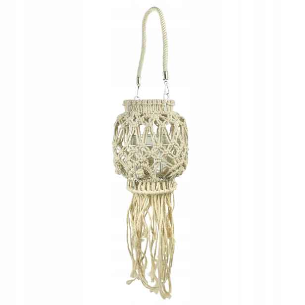 Závěsný béžový lampion Boho z makramé s třásněmi makramé vložka 70 cm
