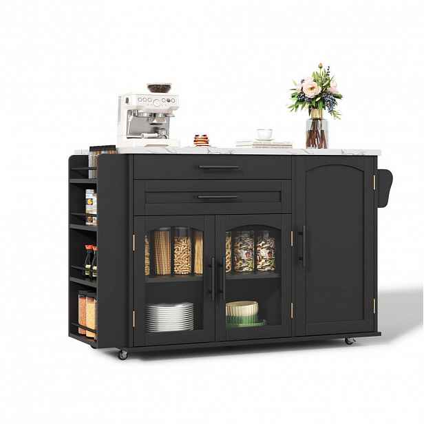 Redom KUCHYŇSKÝ ostrůvek 120/45(70)/90 cm s klopnou deskou, úložným prostorem, 5 kolečky a tvrzeným sklem, Černá