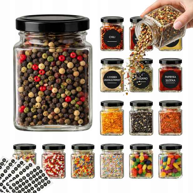 Skleněné Nádoby 24 Sklenice Na Koření 150 ML 95 samolepek Etiket Černé