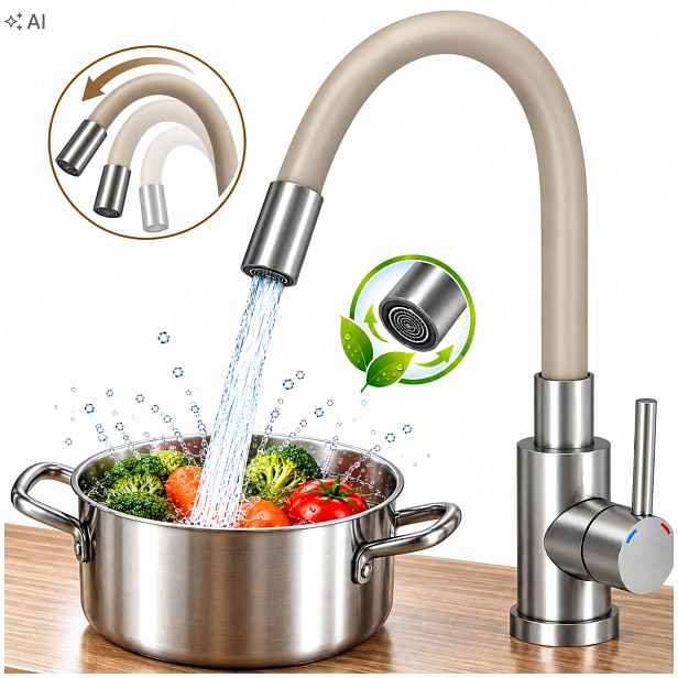 Stojánková Dřezová Baterie Ocel Inox Béžová Flexibilní Ramínko