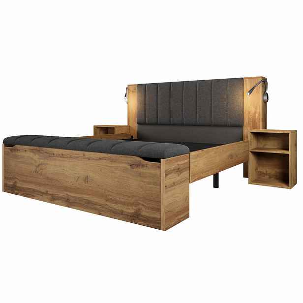 Modfu MANŽELSKÁ postel z dřeva 180x200 cm dubová s USB lampičkami, nočními stolky a úložnou lavicí