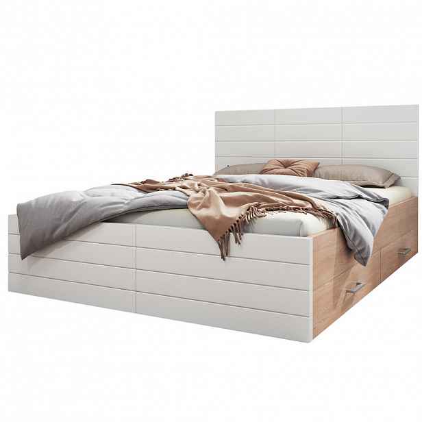 Modfu DŘEVĚNÁ postel z masivního dřeva a MDF 180x200 cm bílá/světlý dub se 2 zásuvkami a roštem