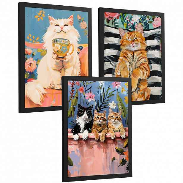 Nacnic PLAKAT Sada 3 Funny Cats A3 Černý rám