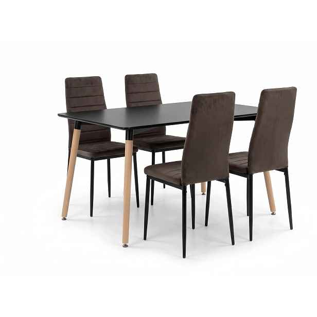 Jídelní stůl 120x80 cm černý s bukovými nohami 4 hnědé sametové židle Axell