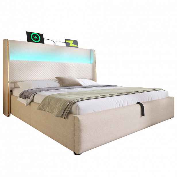 Modfu ČALOUNĚNÁ postel z lněné tkaniny 140x200 cm béžová s LED, USB, Type-C a hydraulickým úložným prostorem