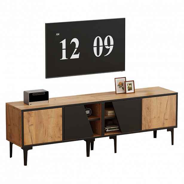 Redom TV stolek 160/36,5/45 cm s 4 úložnými prostory a 7 nohami, pro TV do 65", Naturální dřevo/černá