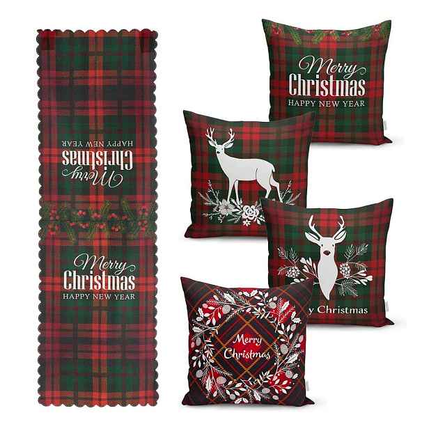 Sada 4 vánočních povlaků na polštář a běhounu na stůl Minimalist Cushion Covers Tartan Christmas