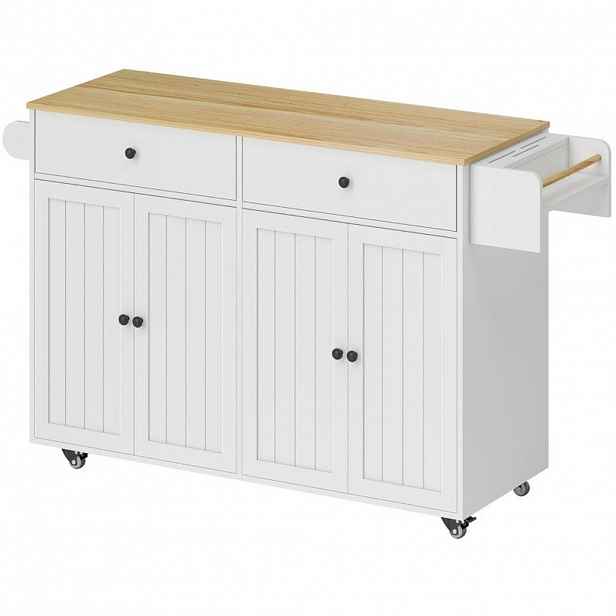 Modfu KUCHYŇSKÝ ostrůvek ze dřeva 147x43x89 cm bílý se 2 zásuvkami, 2 skříňkami, policí na koření