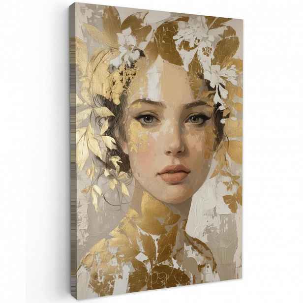 MuchoWow OBRAZ NA PLÁTNĚ Tvář - Žena - Listy - Zlato 60x90 cm