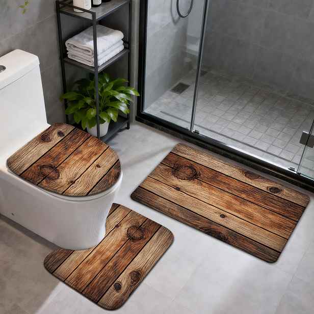 TEMU Sada protiskluzových rohoží do koupelny 3/4 ks, proužkovaný design starého dřeva, dekorativní rohožka absorbující vodu k sprchovému dveři, měkký