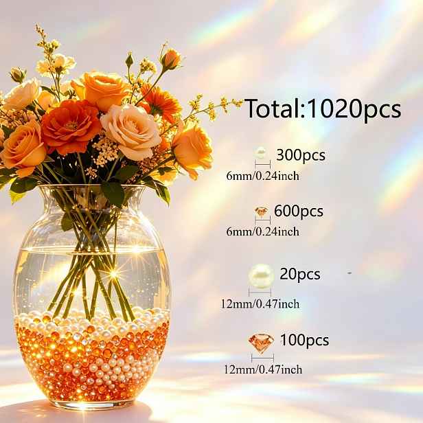 TEMU 1020 ks oranžových prémiových falešných diamantů a perel - odolné, třpytivé pro dekoraci stolu, svatební dekorace, výplň váz pro středové