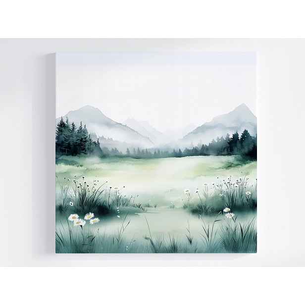 Obraz Na Plátně Canvas Akvarel Krajina Hory Louka Květiny Jaro Mlha 50x50