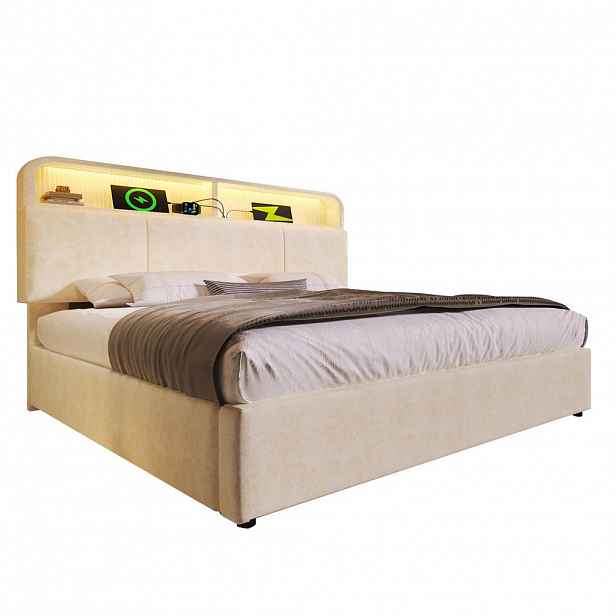 Modfu ČALOUNĚNÁ postel ze sametu 140x190 cm béžová s LED osvětlením, USB a Type-C, výškově nastavitelným čelem a úložným prostorem