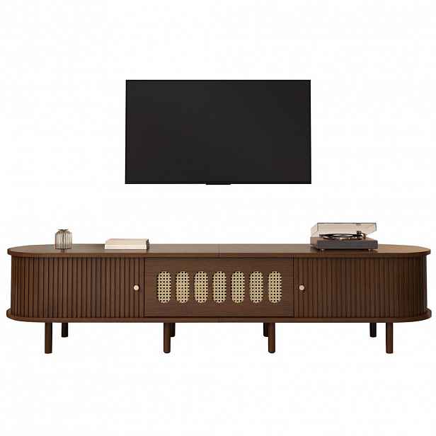Modfu TV stolek z MDF 180x40x40 cm v ořechové barvě s výklopnými a roletovými dvířky, 5 uzavřenými úložnými zónami