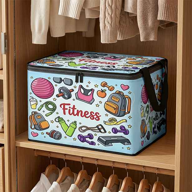 TEMU 1 ks Velkokapacitní úložný odklápěcím víkem, potiskem fitness motivu, bezpečný a odolný zip, přenosný a skládací styl, vhodný pro úložný v