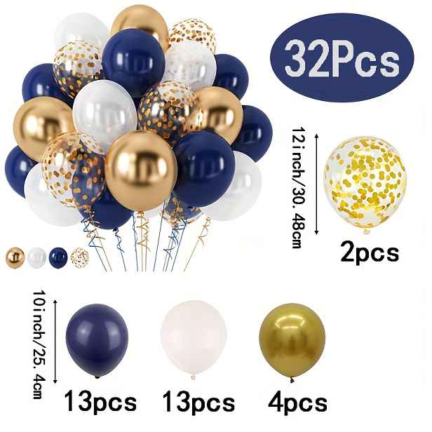 TEMU 32 námořnicky modrých, bílých a zlatých třpytivých latexových balónků - elegantní metalická , vhodné pro svatby, narozeniny, večírky, výročí a