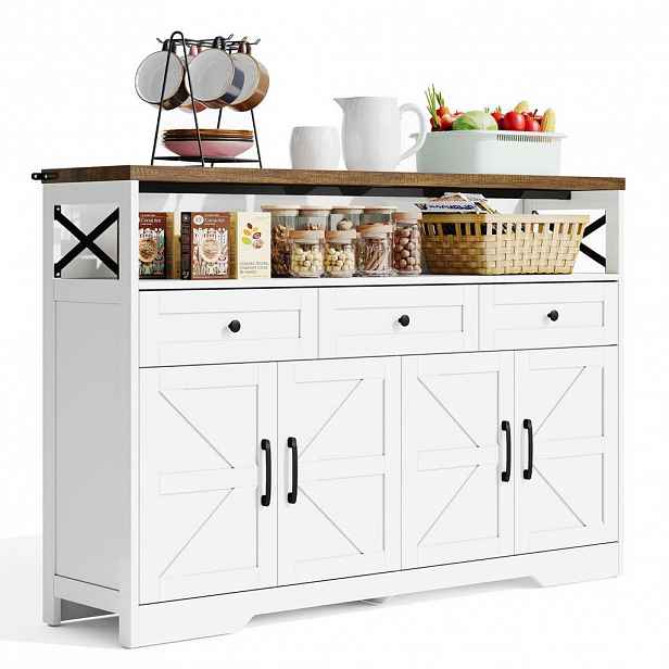 Redom BUFFET 140/35/95 cm s úložným prostorem, 3 zásuvkami a 2 skřínkami, rustikální design, Hnědá/Bílá
