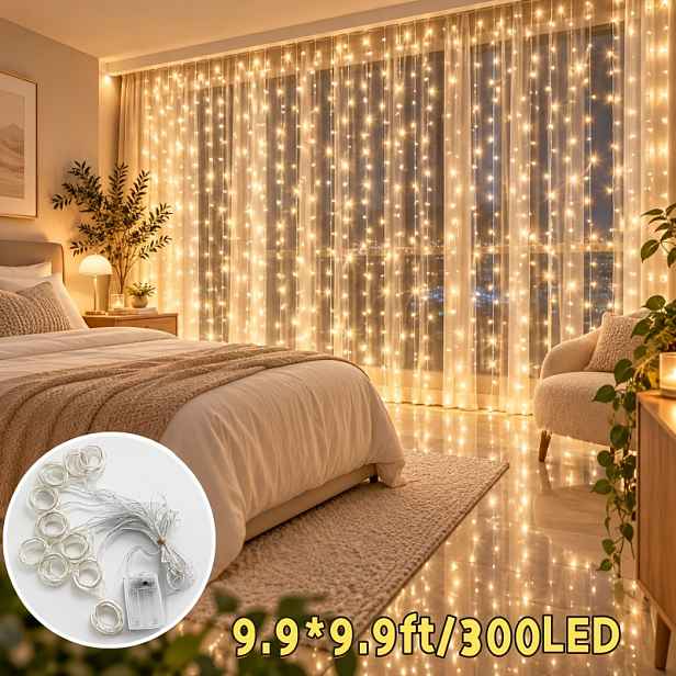 TEMU 300/200 LED Světelná Závěsná Dekorace, Bateriové Teplé Bílé Okenní Světelné Řetězy s 8 Režimy, Útulné Dekorativní Světla do Ložnice pro
