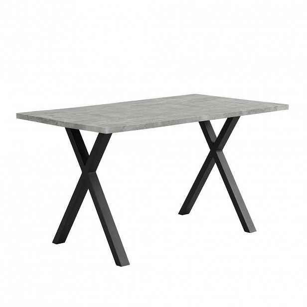Modfu JÍDELNÍ stůl z MDF a kovu 140x80x76 cm šedý/černý s kříženou podnoží v betonovém vzhledu