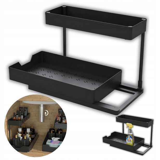 Organizér pod Dřez do skříňky, výsuvný, 2 úrovně, kovový, černý, 2 kusy