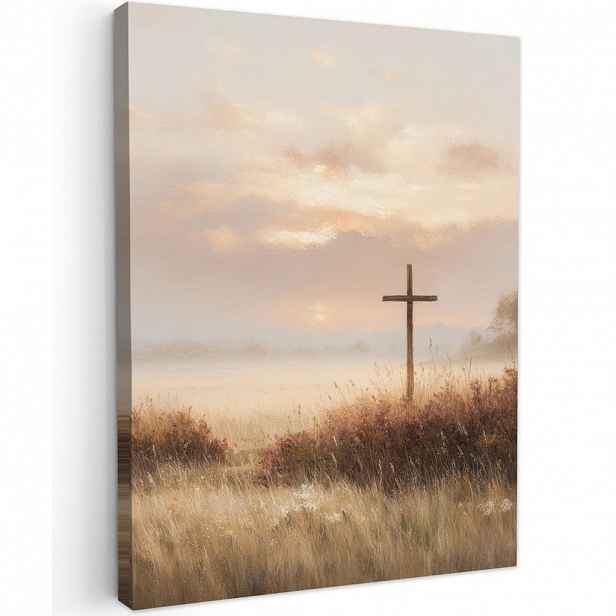 MuchoWow OBRAZ NA PLÁTNĚ Tráva - Ranní mlha - Kříž - Křesťanství 60x80 cm