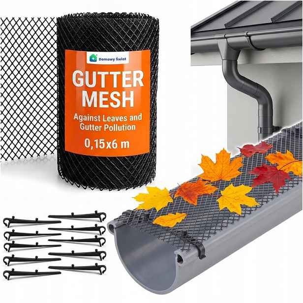 TEMU Ochranná síťka na Leaf Guard 6 m × 15 cm montážními sponami, ochranný kryt okapů pro plastové a ocelové do šířky 15 cm, bariéra zabraňující