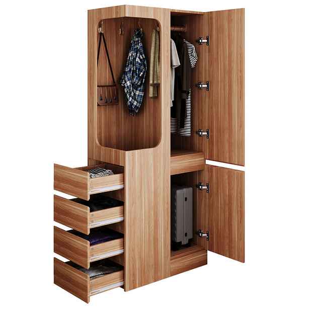 Modfu ŠATNÍ skříň z borovice, překližky a MDF 70x40x170 cm bílá/přírodní dřevo s dvířky, zásuvkami a otevřenou šatní částí
