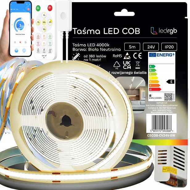 Set Led Pásek Cob 5 m 24V 360d Bílý Neutrální 4000K Digitální Dálkový Ovladač Aplikace