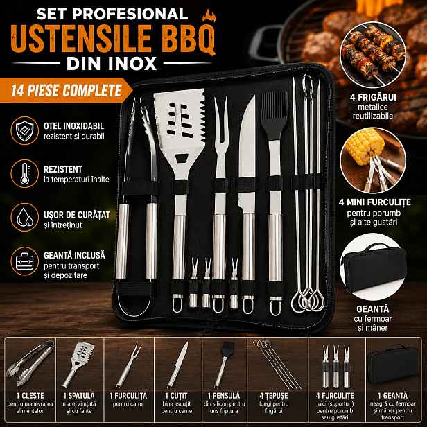 TEMU Profesionální sada nerezových BBQ náčiní s přenosnou taškou, 14 kusů, kovové špízy a mini servírovací vidličky