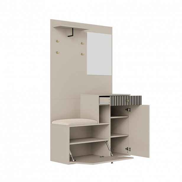 Modfu PŘEDSÍŇOVÁ stěna z MDF 110x37x185 cm béžová a krémová se zrcadlem, čalouněným sedákem a nastavitelnými policemi