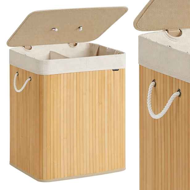 Bambusový Koš Na Prádlo s víkem, 2 komorami, skládací, 120 l