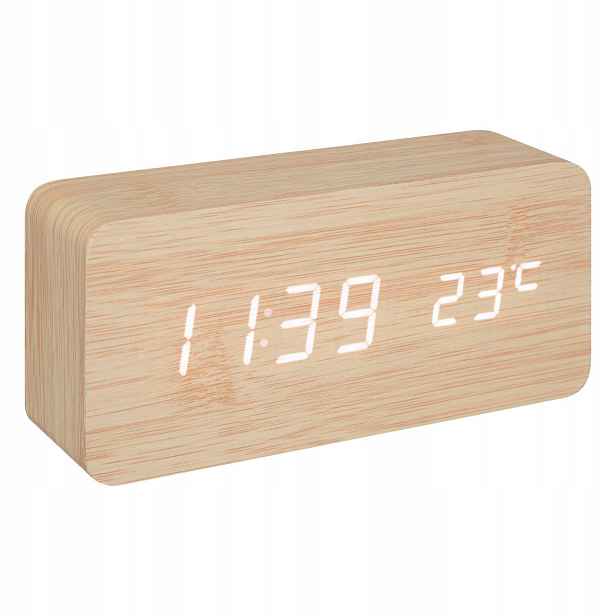 Budík Bez Tikání Mdf Teploměr Alarm 15X4X7 CM Hnědý