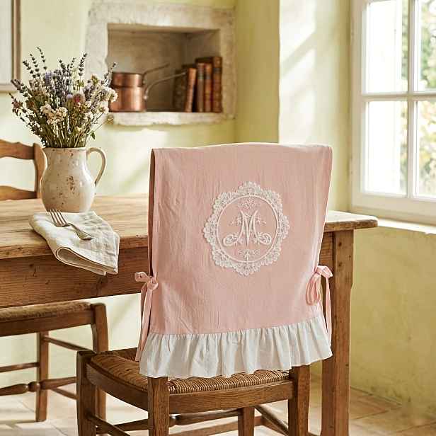 TEMU Vintage Boho Květinové Monogramové Potahy na Židle pro Svatbu a Jídelnu, Retro Pratelné Strečové Potahy s Krajkovou Výšivkou a Volánkovým Lemem,