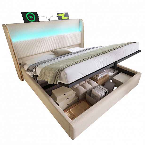 OKWISH ČALOUNĚNÁ postel 160/200 cm béžová z lnu, dřeva a kovu s LED osvětlením, USB/Type-C a úložným prostorem