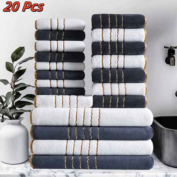 TEMU 20ks Prémiová Sada Ručníků se Zlatým Lemem, Včetně 4ks Ručníků 70x140cm/27,5x55in, Osmi Ručníků 35x75cm/13,7x29,53in a Osmi Ručníků
