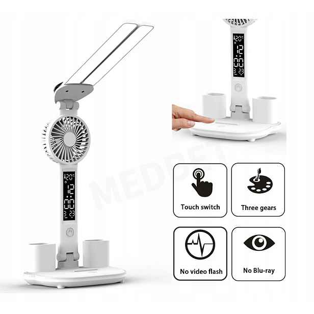 Výkonná Stolní Lampička 2-RAMENA 3BARVY Organizér Teploměr Hodiny Ventilátor