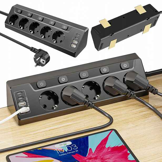 Prodlužovací Kabel Zásuvková Lišta Rozdělovač Rozbočka 5 Zásuvek 4X Usb