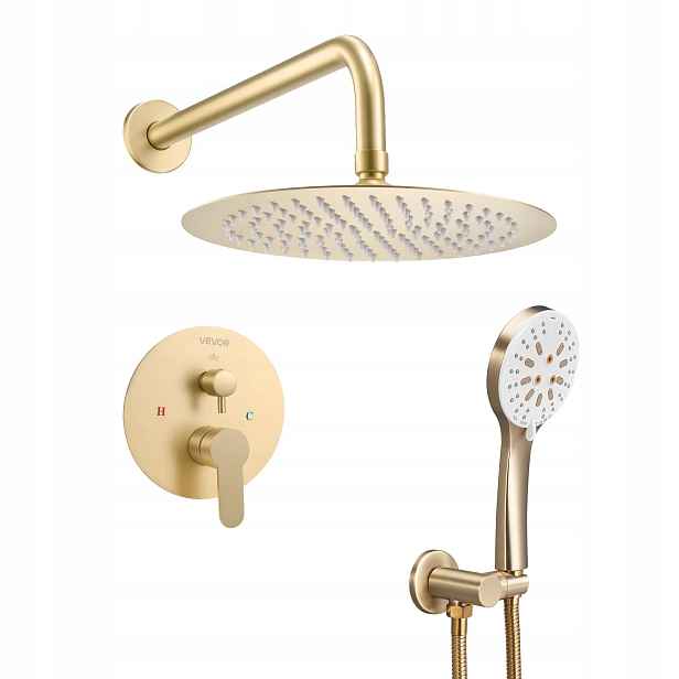 Sprchový set s dešťovou sprchou 25 cm, mosazná rukojeť, zlatá, montáž na stěnu