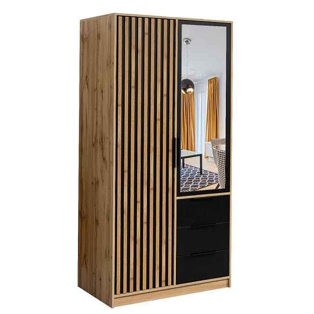 Casarredo Šatní skříň BASILIO LUX 100 dub wotan/černá/zrcadlo