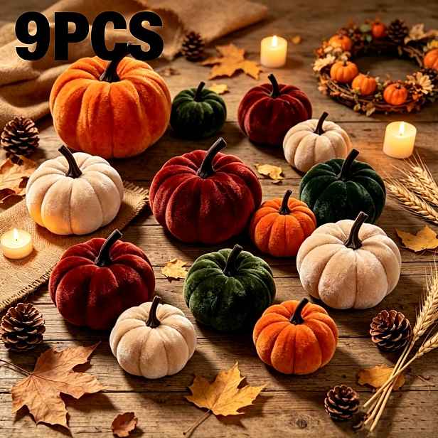 TEMU Sada 9 ks [5 x 3,27 palce a 4 x 2,05 palce] - Dva styly sametových umělých dýní, mini, vícebarevné - Halloweenské, Díkůvzdání a Vánoční párty