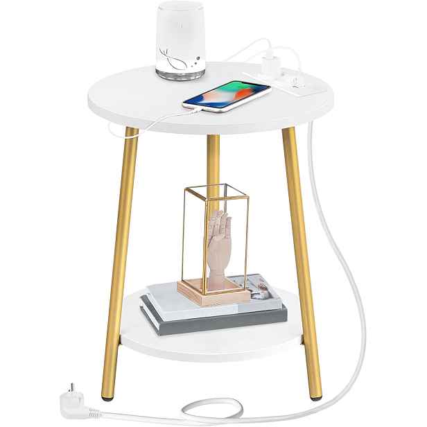Kulatý odkládací stolek Vasagle Luretta 40 cm s nabíjecí stanicí bílý/zlatý