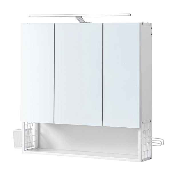 Závěsný bílý malý nástěnný koupelnový regál se zrcadlem a osvětlením 70 cm