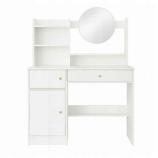 Elegantní toaletní stolek s kulatým zrcadlem, bílá, polomatná CA29