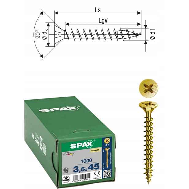 Univerzální šroub na dřevo (zlatý) Spax 3,5 x 45 mm Yello-x 1000 ks